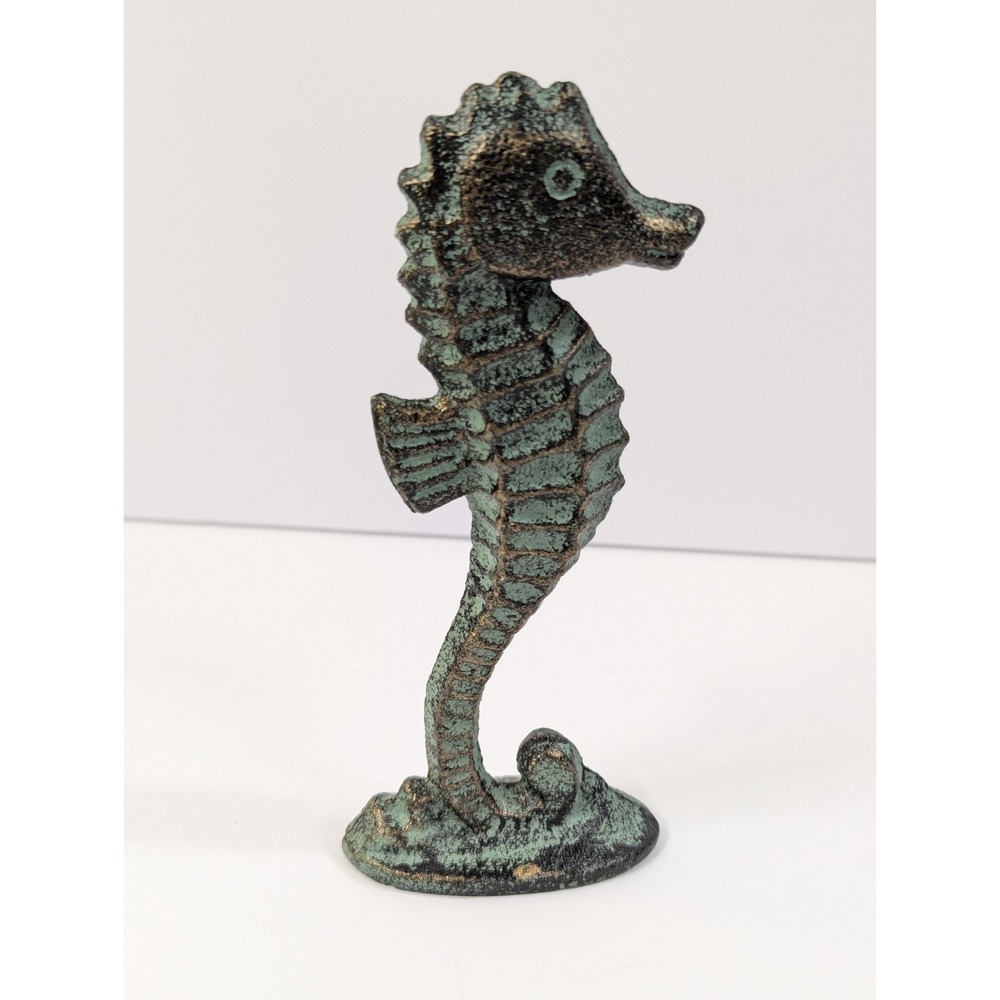 Cast Iron Seahorse Figurine / Statue, Verdigris Patina, Nautical Decor -‎ 5 1/2"